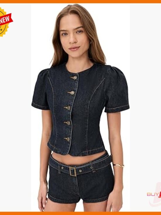 Tops - Denim Blouse with Puff Sleeves, Button Placket, Standard Length